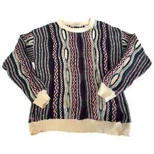 VTG 90s Sweater Men M Coogi Style 3D Knit Navy Green Textured Warm Cosby Grandpa